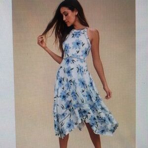 Lulu’s Zahara Blue and White Floral Midi Dress. Size S. 100% Cotton Fully lined.